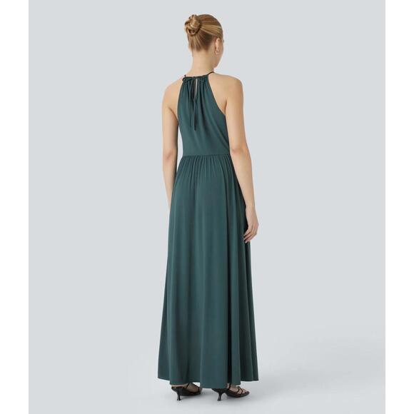 NWT Halara Adjustable Halter Tie Pocket Hem Flowy Maxi Dress Verdiris XL - Picture 3 of 11